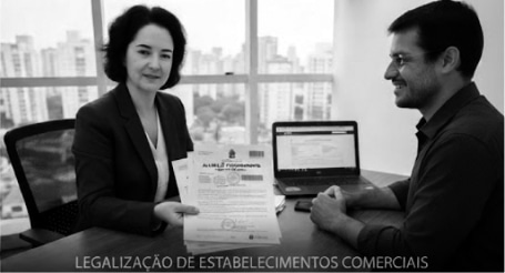 Equipe técnica de empresa de licenciamento comercial realizando vistoria em estabelecimento para emissão de licença.